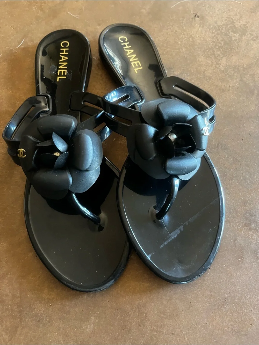 CHANEL Black Camellia Jelly Sandals